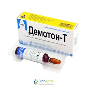 Demoton T N1 10 ml Демотон Т N1 10 мл Tərkibi: B1 vitamini, B2 vitamini, B6 vitamini, B12 vitamini, A vitamini, D vitamini, E vitamini, Nikotinamid, Dekspantenol Farmakoloji Təsiri: Polivitamin Vahidi: AMPUL İstehsalcı Ölkə: YUNANISTAN Təsiredicinin miqdarı : B1 vitamini  75 mq  B2 vitamini  10 mq B6 vitamini  25 mq B12 vitamini  0.75 mq A vitamini  15000 BV D vitamini  1000 BV E vitamini  10 mq Nikotinamid  125 mq Dekspantenol  30 mq [  Demoton qiymet catdirilma / qiyməti çatdırılma Baku /  aptek onlayn online  ]