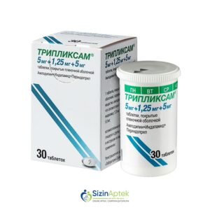 Tripliksam 5 mq/1.25 mq/5 mq N30 Трипликсам 5 мг/1.25 мг/5 мг N30 Tərkibi: Perindopril arginin Amlodipin İndapamid Farmakoloji Təsiri: Hipotenziv Vahidi: TABLET İstehsalcı Ölkə: FRANSA Təsiredicinin miqdarı: Perindopril arginin  5 mq İndapamid  1.25 mq Amlodipin  5 mq [ Tripliksam qiymet catdirilma / qiyməti çatdırılma Baku / aptek onlayn online ]