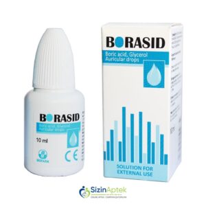 Borasid 10 ml (qulaq damcı) Борацид 10 мл (ушные капли) Tərkibi: Bor turşusu Söyüd qabığı ekstraktı Qliserin Farmakoloji Təsiri: Antiseptik, iltihab əleyhinə Vahidi: FLAKON İstehsalcı Ölkə: RUMINİYA İstehsalcı Firma: Biofarma Təsiredicinin miqdarı: Bor turşusu  23.72 mq  Söyüd qabığının ektraktı  118.6 mq  Qliserin  8.3 q [ Borasid qiymet catdirilma / qiyməti çatdırılma Baku / aptek onlayn online sifariş ]