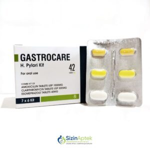 Qastrokey N42 (Gastrocare) Гастрокей N42 Гастрокея Tərkibi: Klaritromisin Ezomeprazol Amoksisillin Farmakoloji Təsiri: Xora əleyhinə Vahidi: TABLET İstehsalcı Ölkə: HİNDİSTAN Təsiredicinin miqdarı: Klaritromisin  500 mq  Ezomeprazol  40 mq  Amoksisillin  1000 mq  [ Gastrocare qiymet catdirilma / qiyməti çatdırılma Baku / aptek onlayn online ]