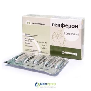 Genferon 1 000 000 BV N10 (rektal və ya vaginal şamlar) Генферон 1 000 000 МЕ N10 (ректальные или вагинальные свечи) Tərkibi: İnterferon alfa 2b Taurin Benzokain Farmakoloji Təsiri: İmmunostimulyator, virus əleyhinə Vahidi: ŞAM İstehsalcı Ölkə: RUSİYA Təsiredicinin miqdarı: İnterferon alfa-2b  1 000 000 BV Taurin  0.01 q Benzokain  0.055 q [ Genferon qiymet catdirilma / qiyməti çatdırılma Baku / aptek onlayn online ]