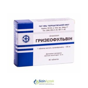 Grizeofulvin 125 mq N40 Гризеофульвин 125 мг N40 Tərkibi: Qrizeofulvin Farmakoloji Təsiri: Göbələkəleyhinə Vahidi: TABLET İstehsalcı Ölkə: UKRAYNA Təsiredicinin miqdarı: Qrizeofulvin  125 mq [ Grizeofulvin qiymet catdirilma / qiyməti çatdırılma Baku / aptek onlayn online ]