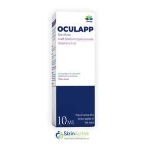 Okulapp 10 ml (göz damcısı) Oculapp Окулапп 10 мл (глазные капли) Tərkibi: Natrium hialuronat A vitamini E vitamini Farmakoloji Təsiri: Oftalmoprotektiv, antioksidant Vahidi: FLAKON İstehsalcı Ölkə: TÜRKİYƏ Təsiredicinin miqdarı: Natrium hialuronat  0.4%  A vitamini  0.15% E vitamini  0.5%[  Okulapp qiymet catdirilma / qiyməti çatdırılma Baku /  aptek onlayn online  ]