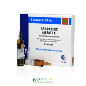 Alfateks 25 mq / 24 ml N5 Tərkibi: Meqlümin tioktad Farmakoloji Təsiri: Antioksidant, hipolipidemik, hepatoprotektor Vahidi: AMP İstehsalcı Ölkə: RUSİYA Təsiredicinin miqdarı: Meqlümin tioktad  1167.72 mq / 24 ml [  Alfateks qiymet catdirilma / qiyməti çatdırılma Baku /  aptek onlayn online  ]