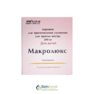 Makroluks 200 mq N3 (suspenziya üçün toz) Tərkibi: Azitromisin Farmakoloji Təsiri: Antibiotik Vahidi: ADET İstehsalcı Ölkə: RUSİYA Təsiredicinin miqdarı : Azitromisin 200 mq [ Makroluks qiymet catdirilma / qiyməti çatdırılma Baku / aptek onlayn online ]