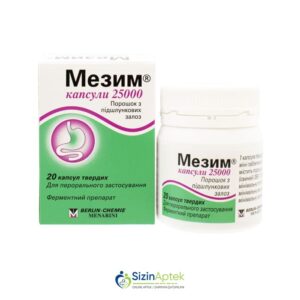 Mezim Forte 25000 TV N20 (Mezym Forte) Tərkibi: Lipaza Amilaza Proteaza Farmakoloji Təsiri: Fermentativ Vahidi: TAB İstehsalcı Ölkə: Almaniya İstehsalcı Firma: Berlin Chemie Təsiredicinin miqdarı: Lipaza  25000 TV  Amilaza  22500 TV  Proteaza  1250 TV  [  Mezim qiymet catdirilma / qiyməti çatdırılma Baku /  aptek onlayn online  ]